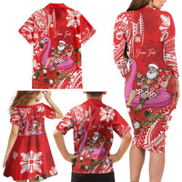 Personalized Hawaii Christmas Family Matching Long Sleeve Bodycon Dress and Hawaiian Shirt Mele Kalikimaka Chilling Shaka Santa Flamingo - Polynesian Pride