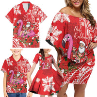 Personalized Hawaii Christmas Family Matching Off Shoulder Short Dress and Hawaiian Shirt Mele Kalikimaka Chilling Shaka Santa Flamingo - Polynesian Pride