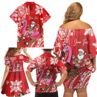 Personalized Hawaii Christmas Family Matching Off Shoulder Short Dress and Hawaiian Shirt Mele Kalikimaka Chilling Shaka Santa Flamingo - Polynesian Pride