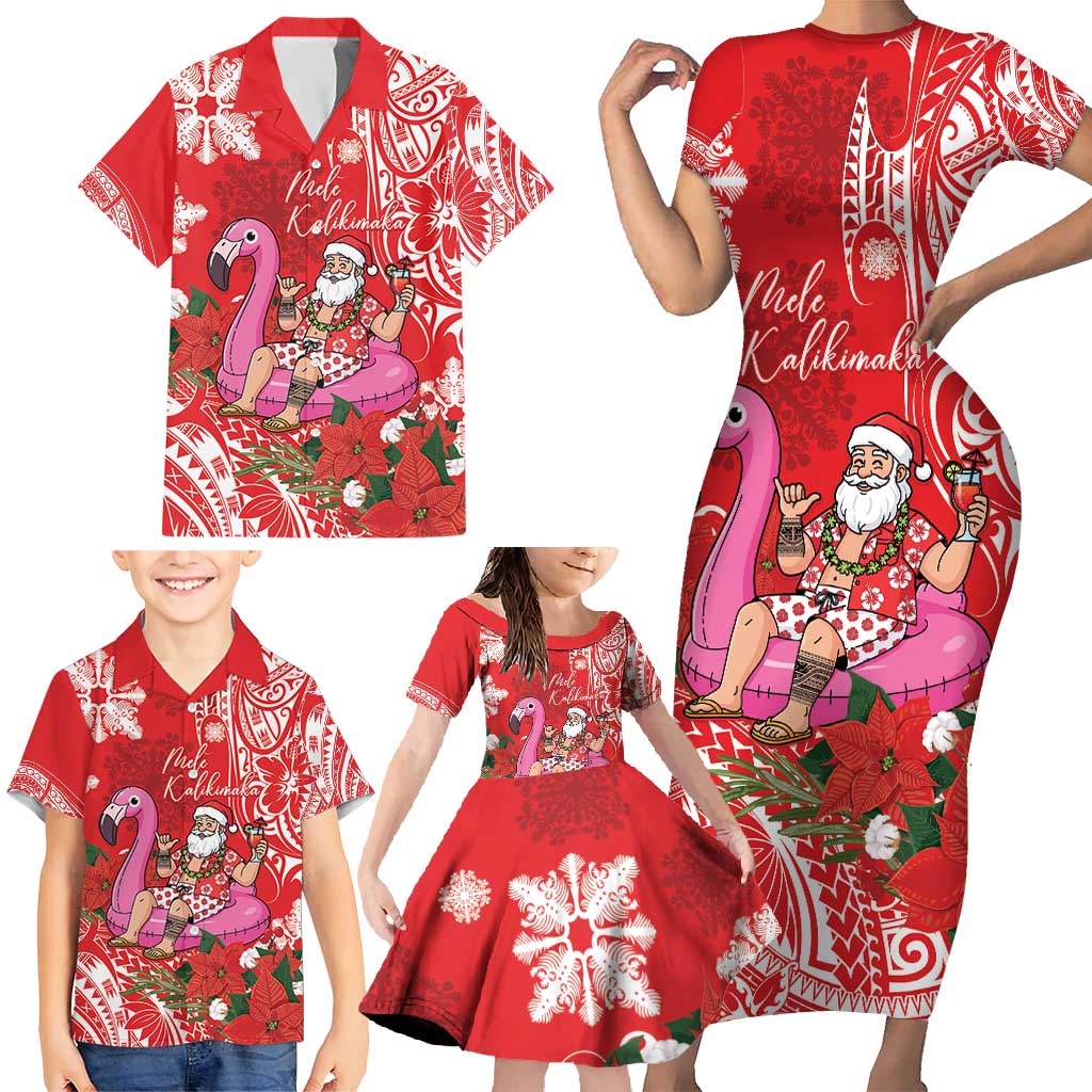 Personalized Hawaii Christmas Family Matching Short Sleeve Bodycon Dress and Hawaiian Shirt Mele Kalikimaka Chilling Shaka Santa Flamingo - Polynesian Pride