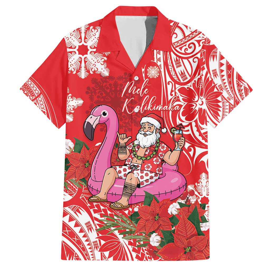 Personalized Hawaii Christmas Family Matching Short Sleeve Bodycon Dress and Hawaiian Shirt Mele Kalikimaka Chilling Shaka Santa Flamingo - Polynesian Pride
