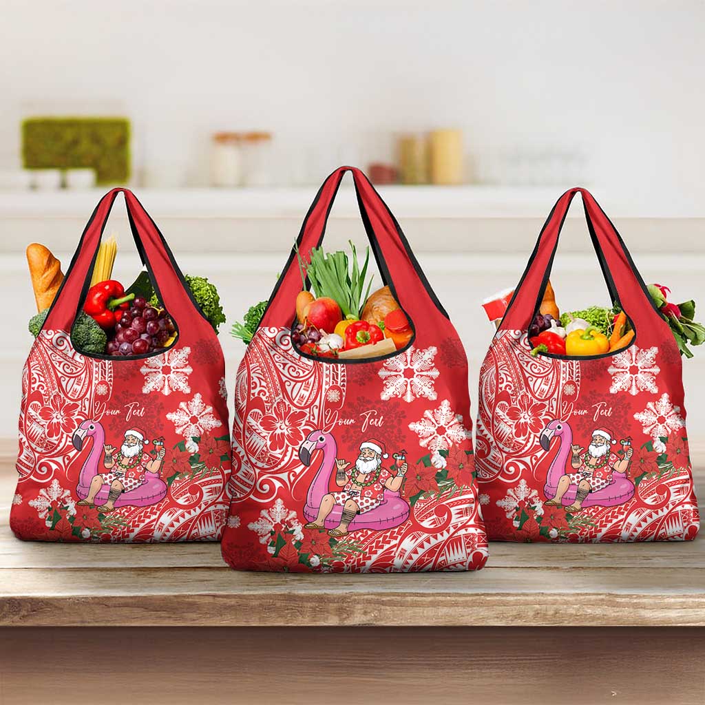 Personalized Hawaii Christmas Grocery Bag Mele Kalikimaka Chilling Shaka Santa Flamingo - Polynesian Pride