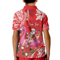 Personalized Hawaii Christmas Kid Polo Shirt Mele Kalikimaka Chilling Shaka Santa Flamingo - Polynesian Pride