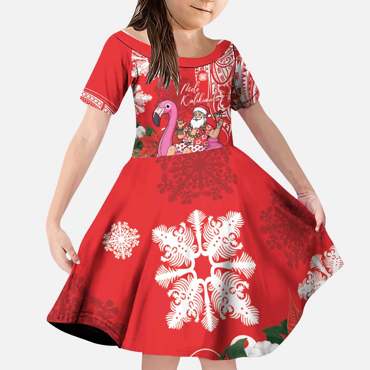 Personalized Hawaii Christmas Kid Short Sleeve Dress Mele Kalikimaka Chilling Shaka Santa Flamingo - Polynesian Pride