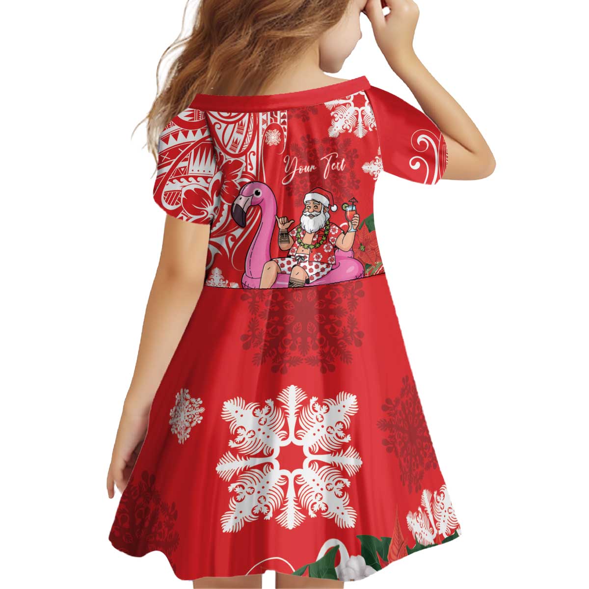 Personalized Hawaii Christmas Kid Short Sleeve Dress Mele Kalikimaka Chilling Shaka Santa Flamingo - Polynesian Pride