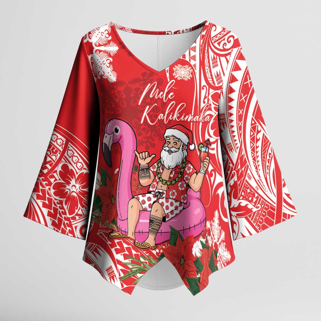 Personalized Hawaii Christmas Kimono Sleeve Blouse Mele Kalikimaka Chilling Shaka Santa Flamingo - Polynesian Pride