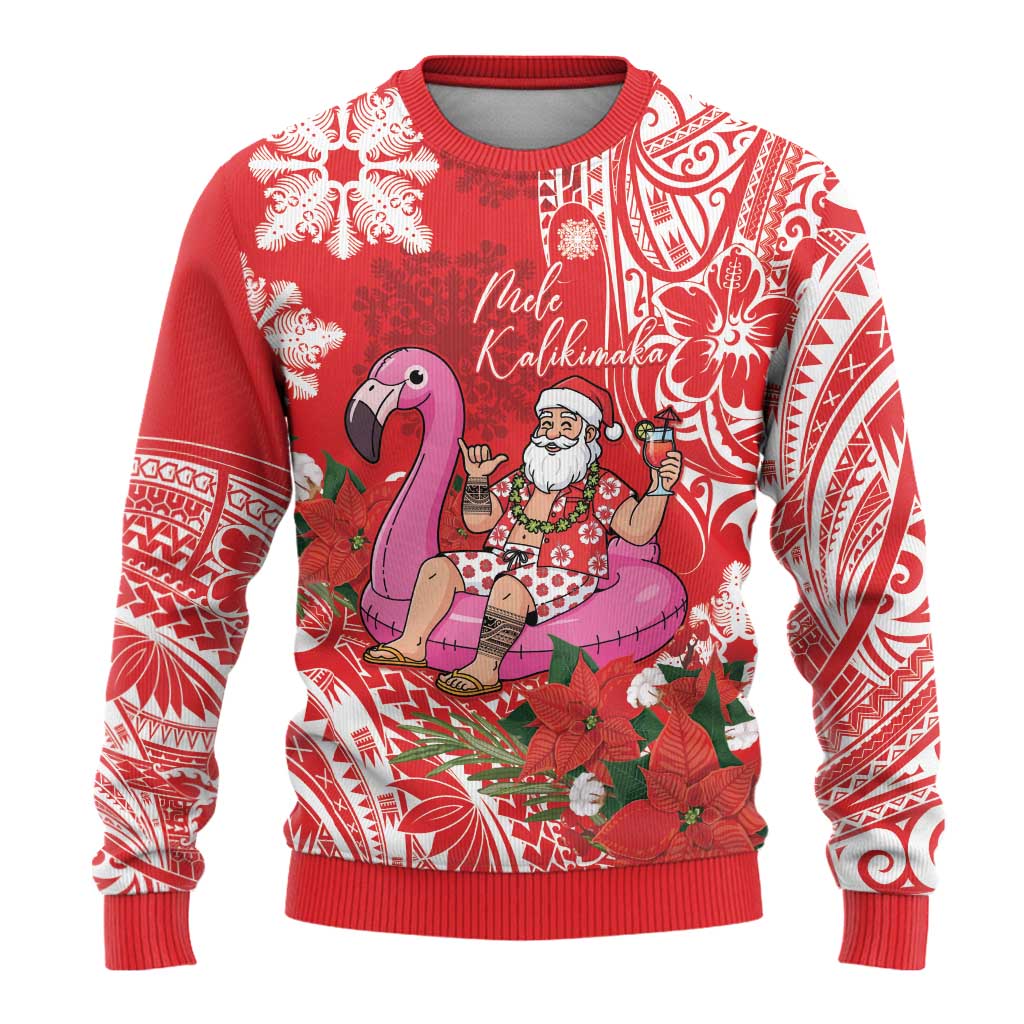 Personalized Hawaii Christmas Ugly Christmas Sweater Mele Kalikimaka Chilling Shaka Santa Flamingo - Polynesian Pride