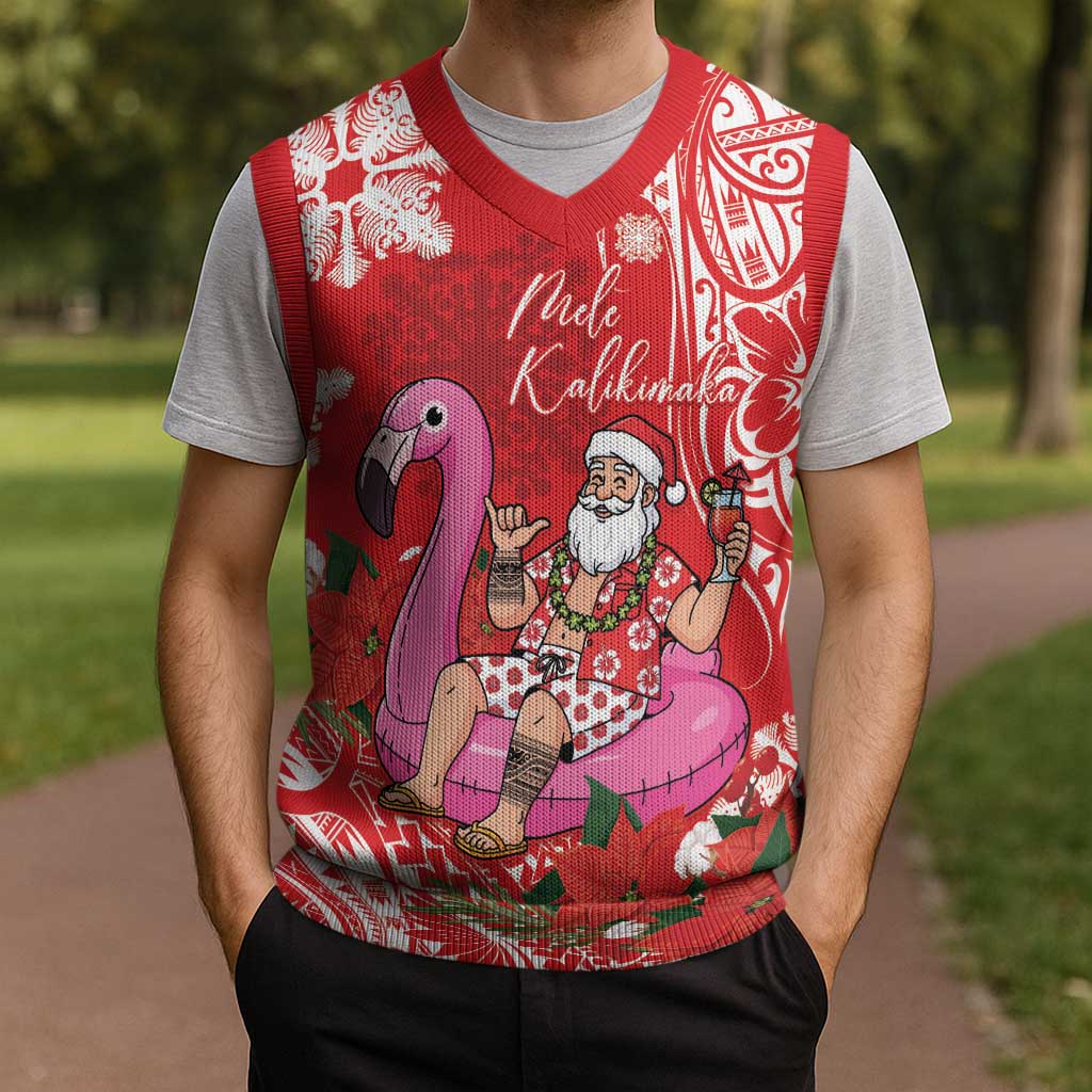 Personalized Hawaii Christmas Knitted V-Neck Vest Mele Kalikimaka Chilling Shaka Santa Flamingo LT14 - Polynesian Pride