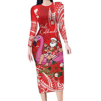 Personalized Hawaii Christmas Long Sleeve Bodycon Dress Mele Kalikimaka Chilling Shaka Santa Flamingo - Polynesian Pride