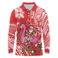 Personalized Hawaii Christmas Long Sleeve Polo Shirt Mele Kalikimaka Chilling Shaka Santa Flamingo - Polynesian Pride