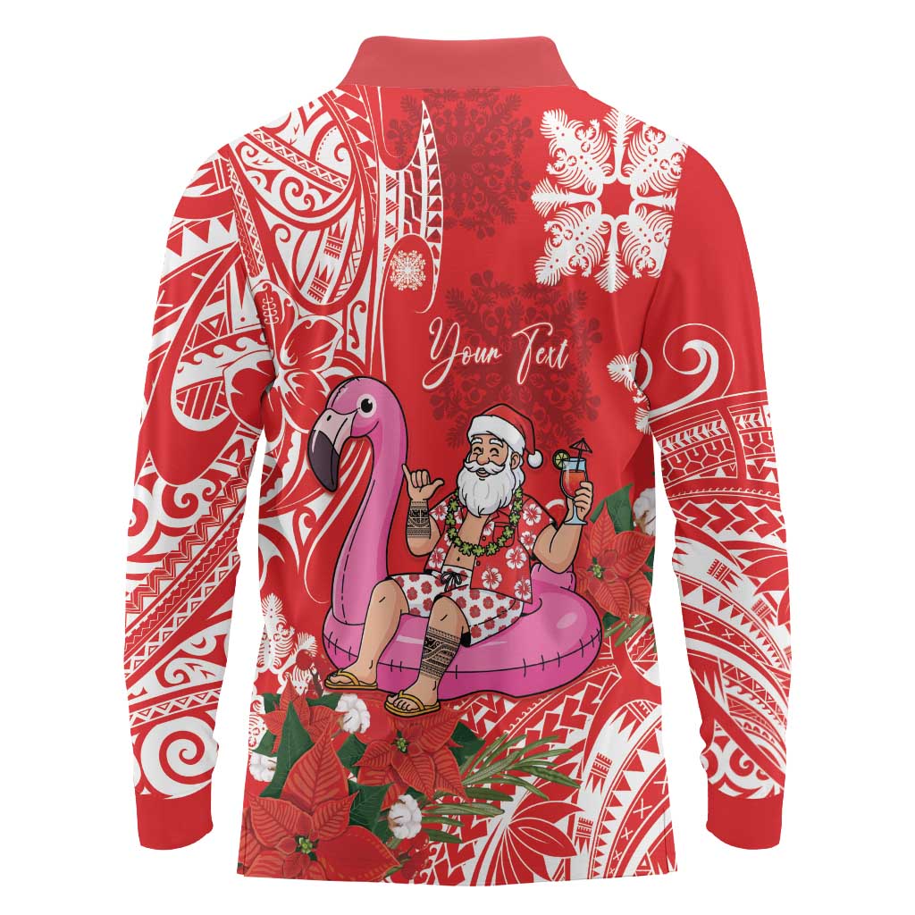 Personalized Hawaii Christmas Long Sleeve Polo Shirt Mele Kalikimaka Chilling Shaka Santa Flamingo - Polynesian Pride