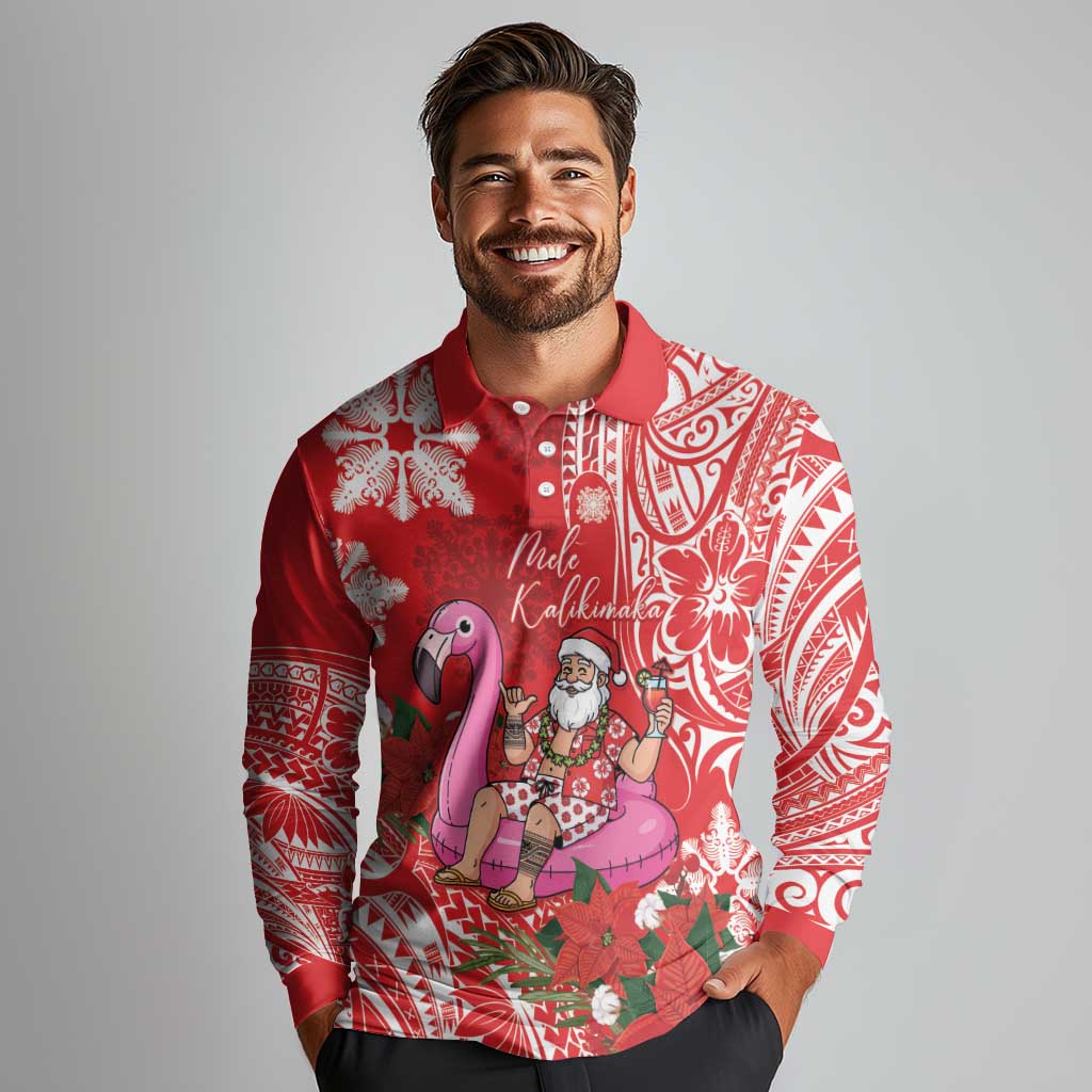 Personalized Hawaii Christmas Long Sleeve Polo Shirt Mele Kalikimaka Chilling Shaka Santa Flamingo - Polynesian Pride