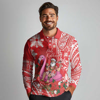 Personalized Hawaii Christmas Long Sleeve Polo Shirt Mele Kalikimaka Chilling Shaka Santa Flamingo - Polynesian Pride