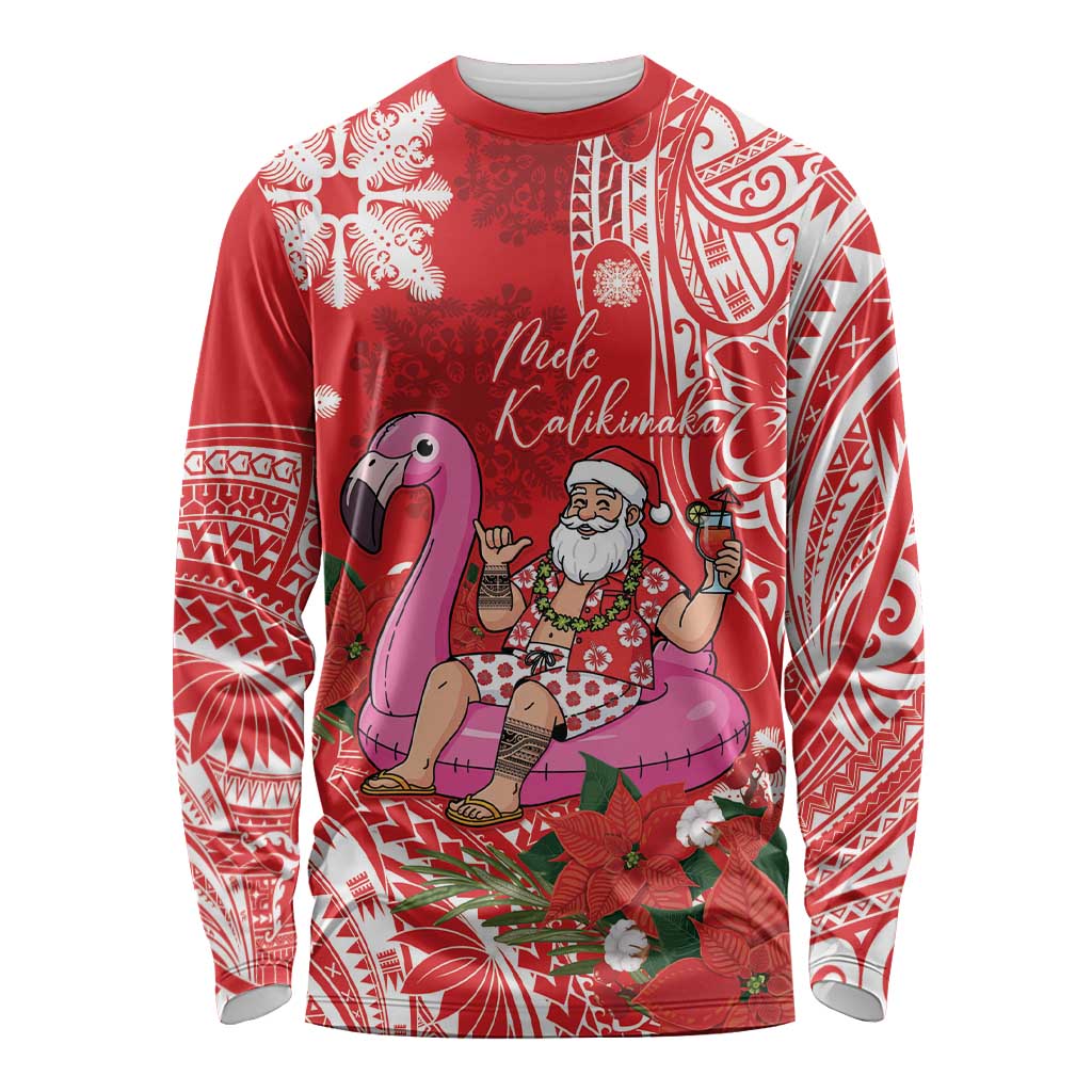 Personalized Hawaii Christmas Long Sleeve Shirt Mele Kalikimaka Chilling Shaka Santa Flamingo LT14 Unisex Red - Polynesian Pride