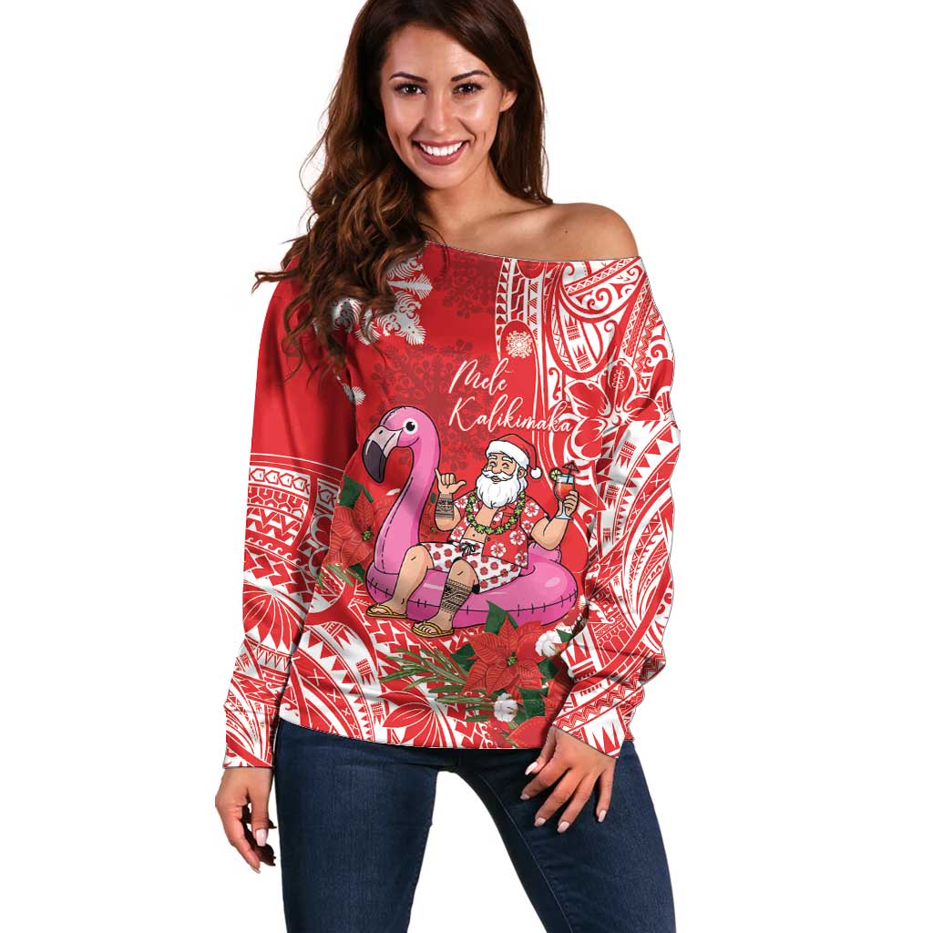 Personalized Hawaii Christmas Off Shoulder Sweater Mele Kalikimaka Chilling Shaka Santa Flamingo - Polynesian Pride