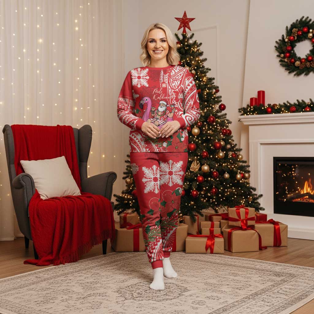 Personalized Hawaii Christmas Pajama Set Mele Kalikimaka Chilling Shaka Santa Flamingo LT14 Women Red - Polynesian Pride