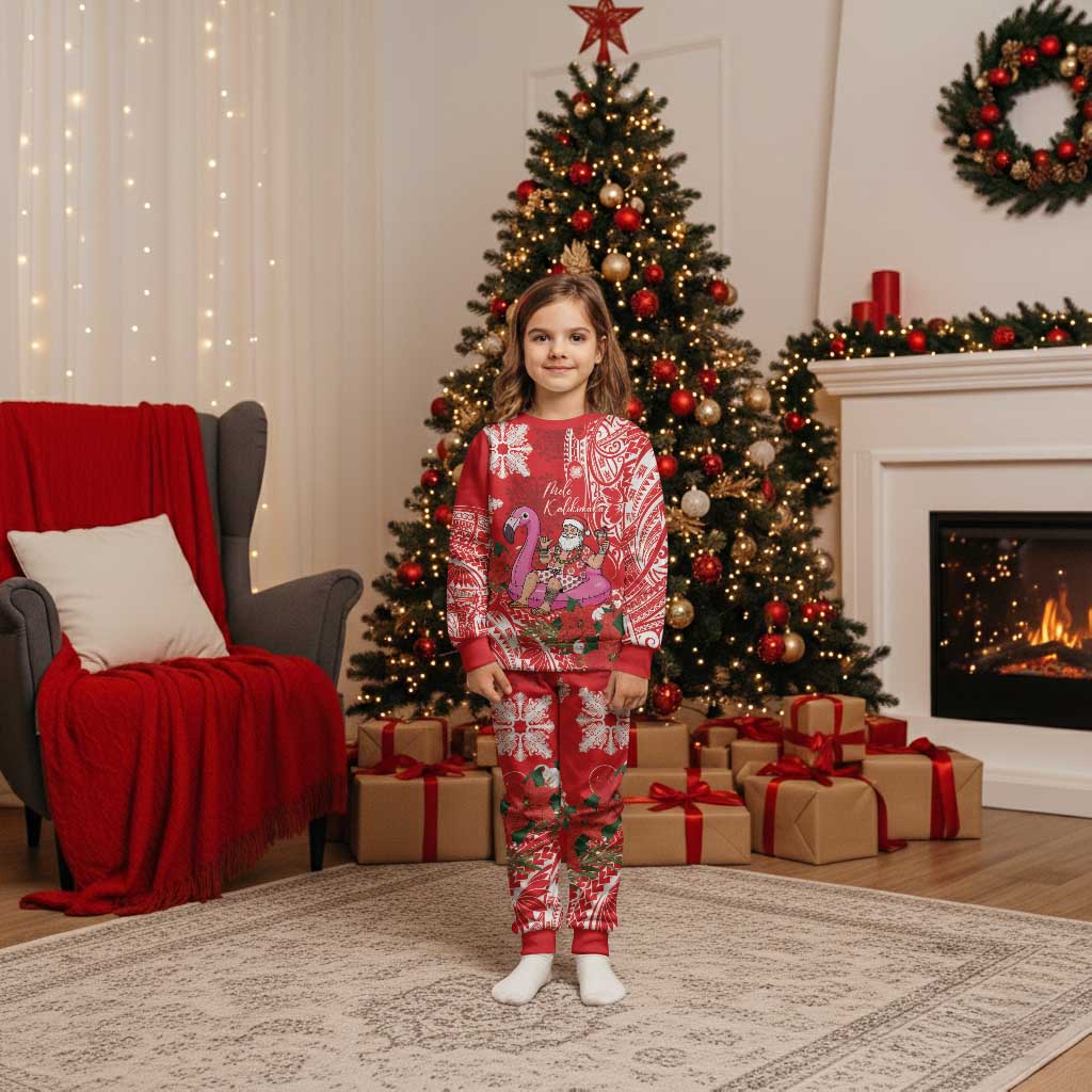 Personalized Hawaii Christmas Pajama Set Mele Kalikimaka Chilling Shaka Santa Flamingo LT14 Kid Red - Polynesian Pride