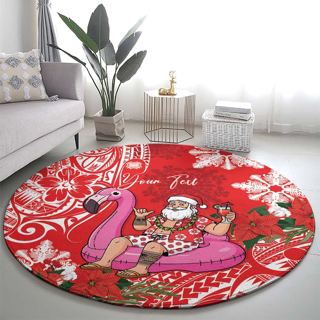 Personalized Hawaii Christmas Round Carpet Mele Kalikimaka Chilling Shaka Santa Flamingo - Polynesian Pride