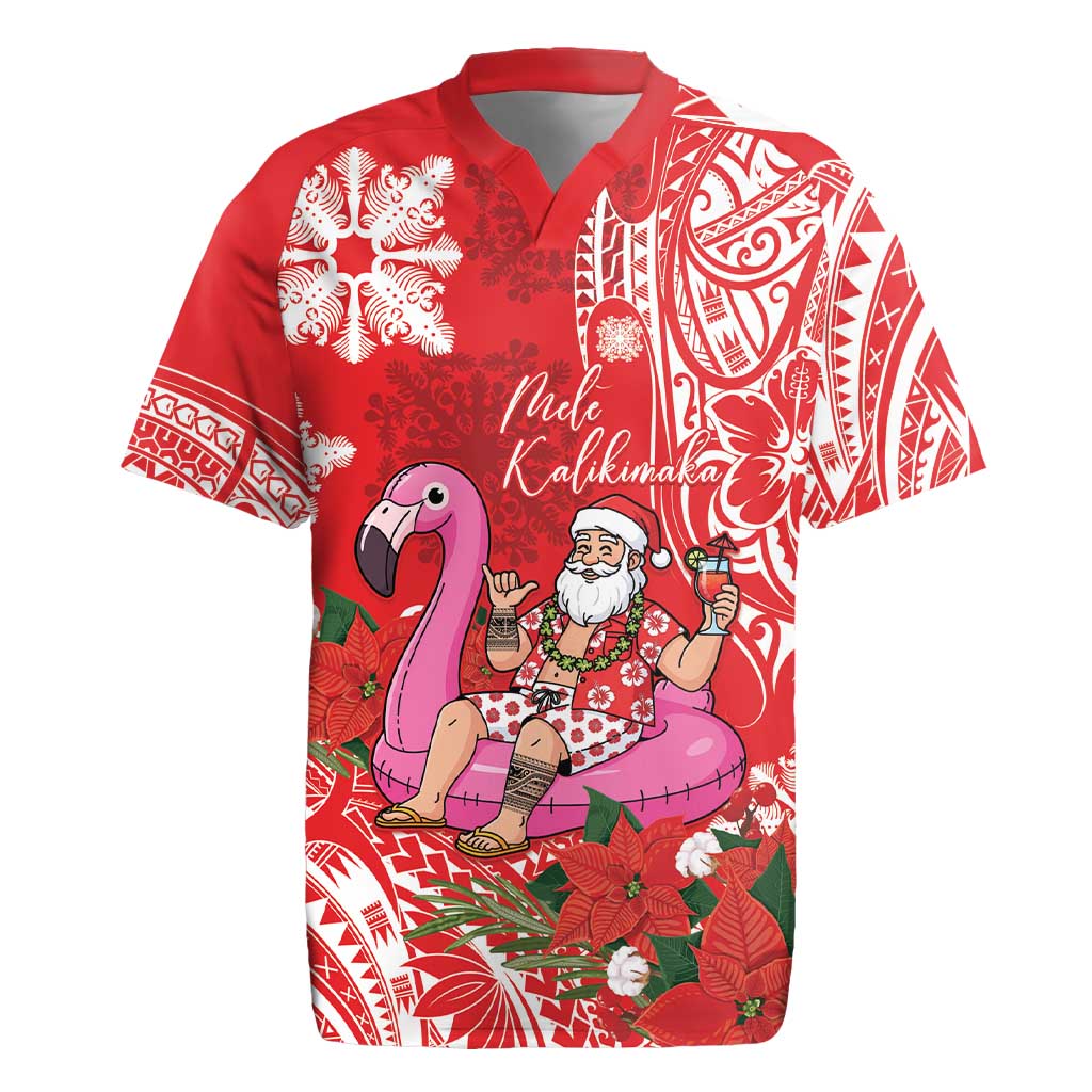 Personalized Hawaii Christmas Rugby Jersey Mele Kalikimaka Chilling Shaka Santa Flamingo LT14 Red - Polynesian Pride