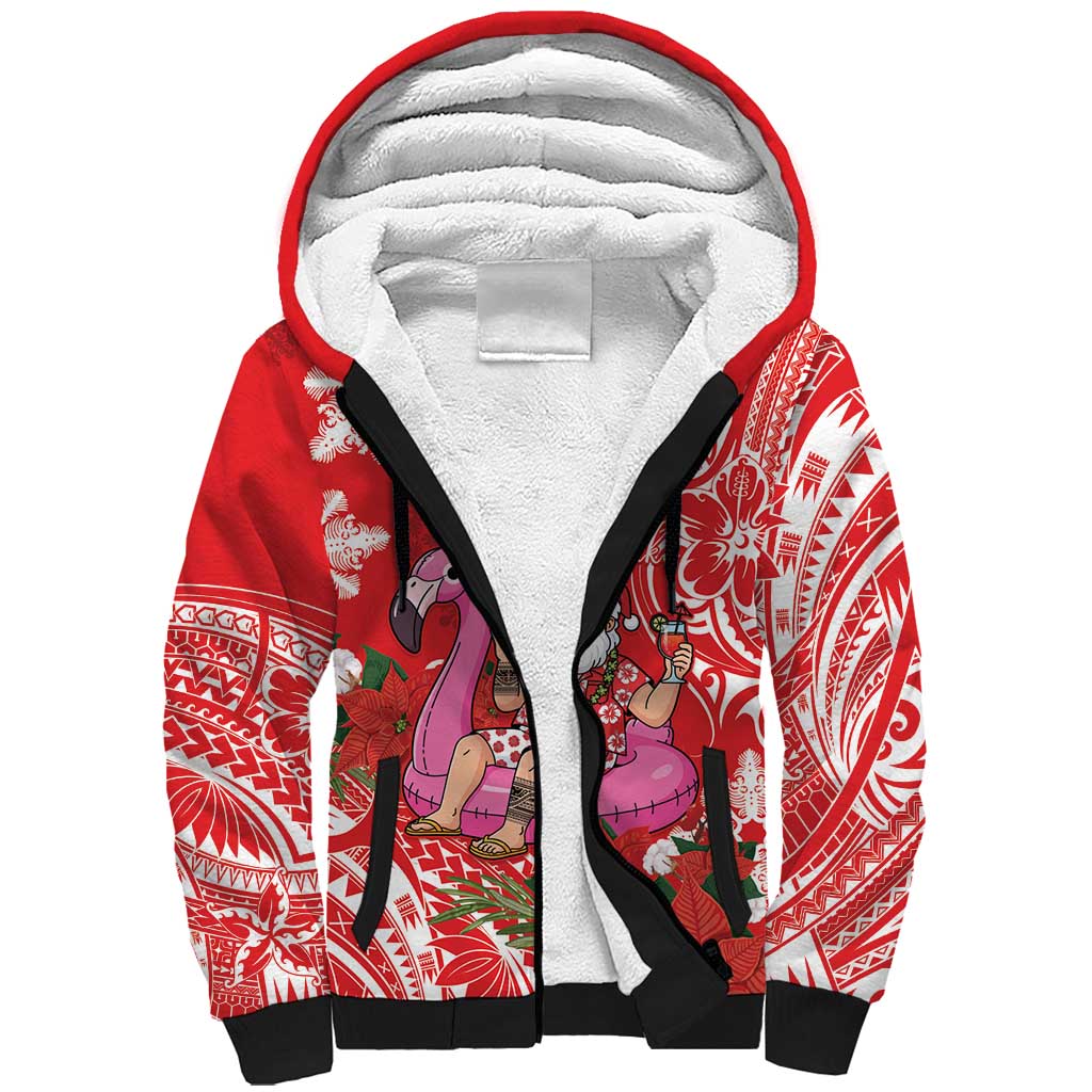 Personalized Hawaii Christmas Sherpa Hoodie Mele Kalikimaka Chilling Shaka Santa Flamingo - Polynesian Pride