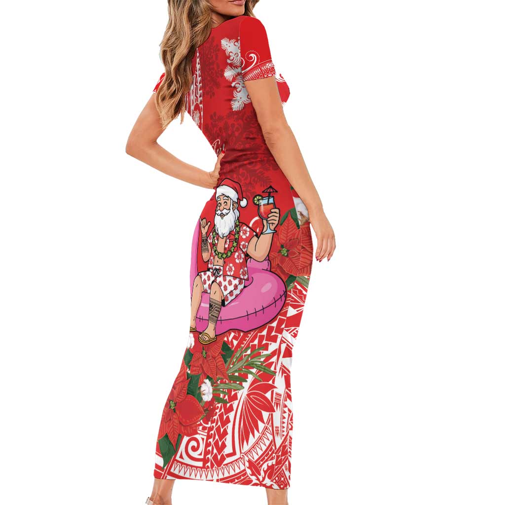 Personalized Hawaii Christmas Short Sleeve Bodycon Dress Mele Kalikimaka Chilling Shaka Santa Flamingo - Polynesian Pride