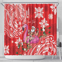 Personalized Hawaii Christmas Shower Curtain Mele Kalikimaka Chilling Shaka Santa Flamingo - Polynesian Pride
