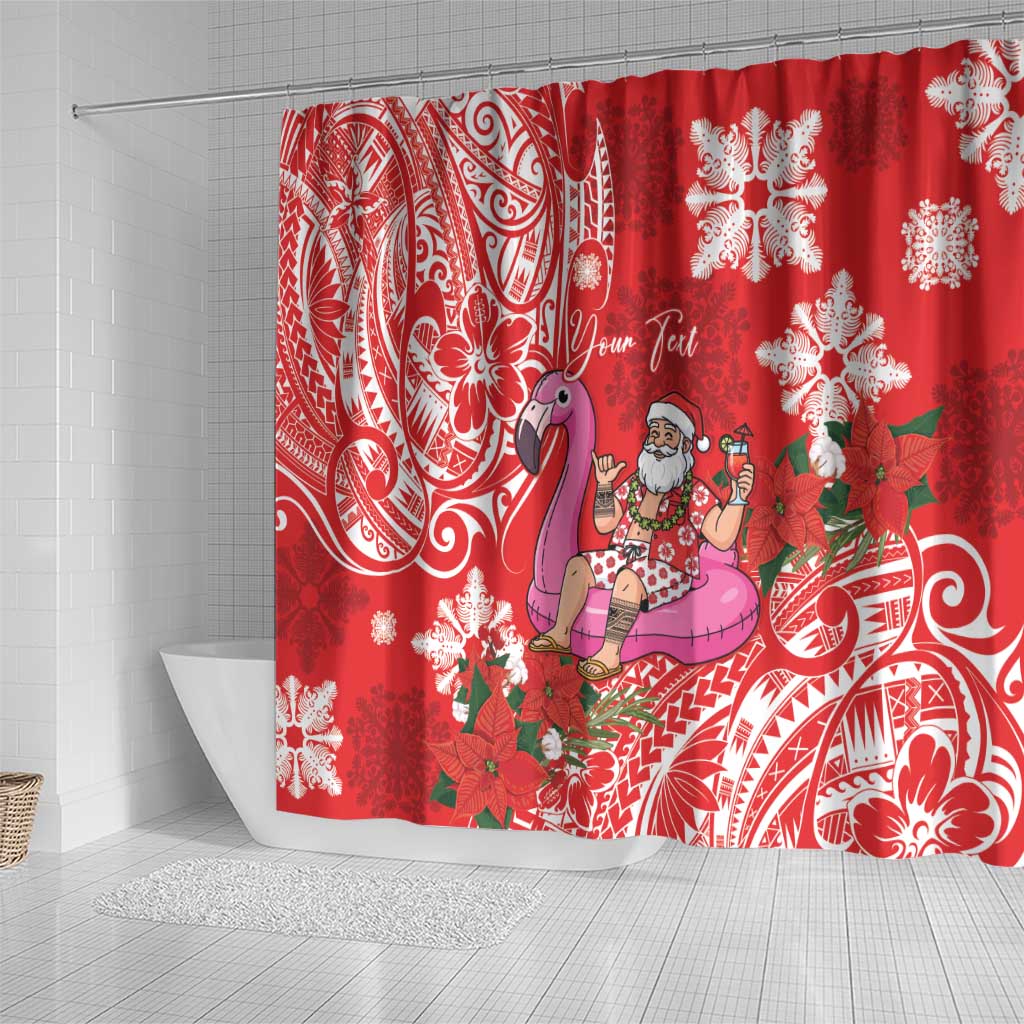 Personalized Hawaii Christmas Shower Curtain Mele Kalikimaka Chilling Shaka Santa Flamingo - Polynesian Pride