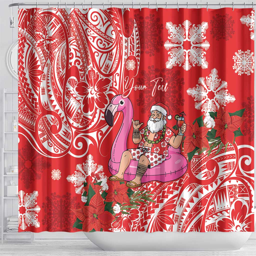 Personalized Hawaii Christmas Shower Curtain Mele Kalikimaka Chilling Shaka Santa Flamingo - Polynesian Pride