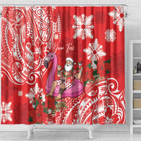 Personalized Hawaii Christmas Shower Curtain Mele Kalikimaka Chilling Shaka Santa Flamingo - Polynesian Pride