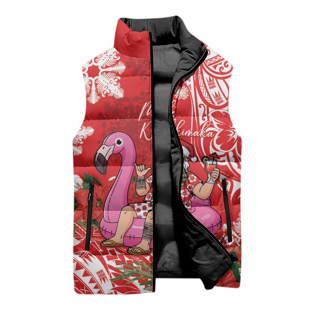 Personalized Hawaii Christmas Sleeveless Puffer Jacket Mele Kalikimaka Chilling Shaka Santa Flamingo - Polynesian Pride