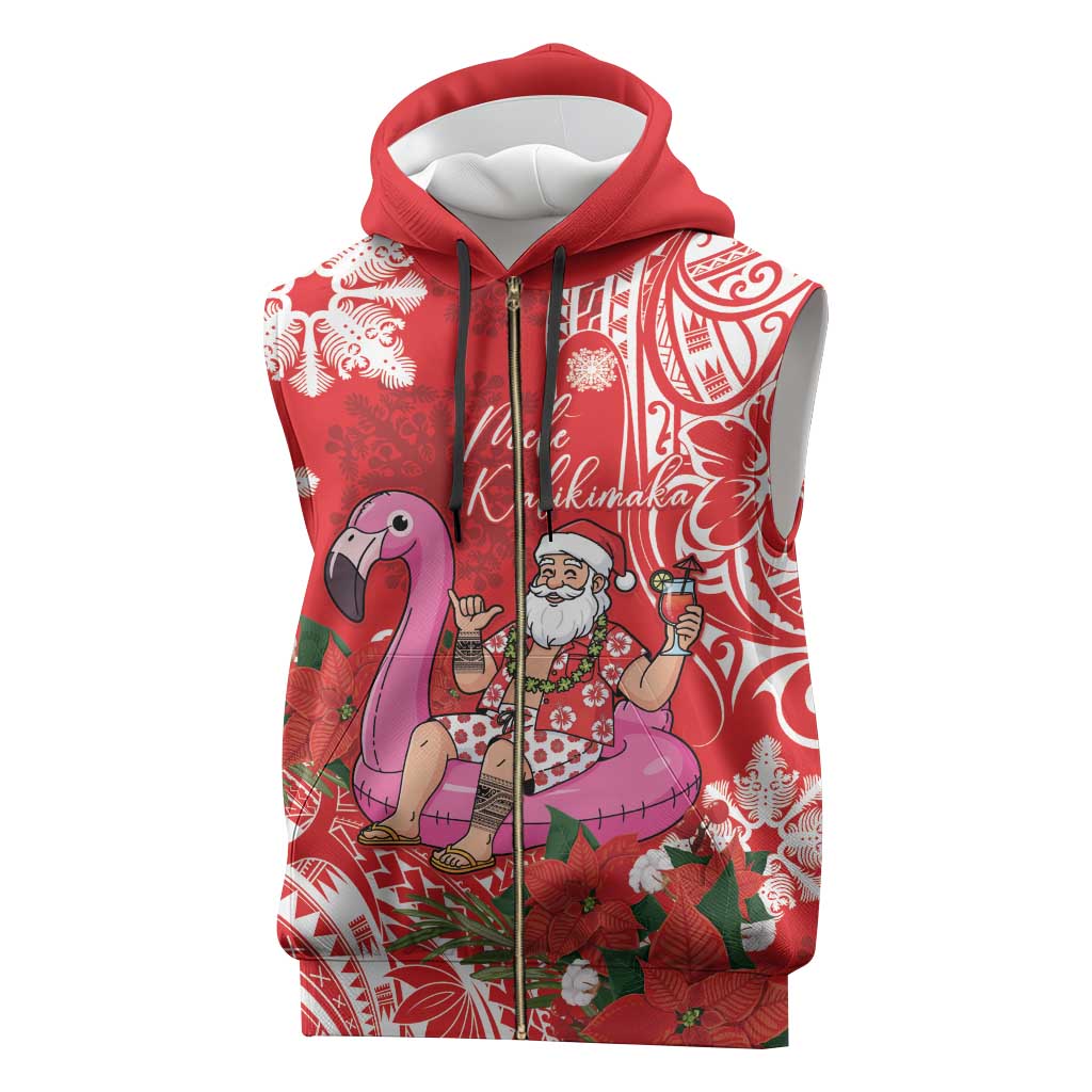 Personalized Hawaii Christmas Sleeveless Zip Hoodie Mele Kalikimaka Chilling Shaka Santa Flamingo - Polynesian Pride