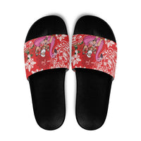 Personalized Hawaii Christmas Slide Sandals Mele Kalikimaka Chilling Shaka Santa Flamingo - Polynesian Pride