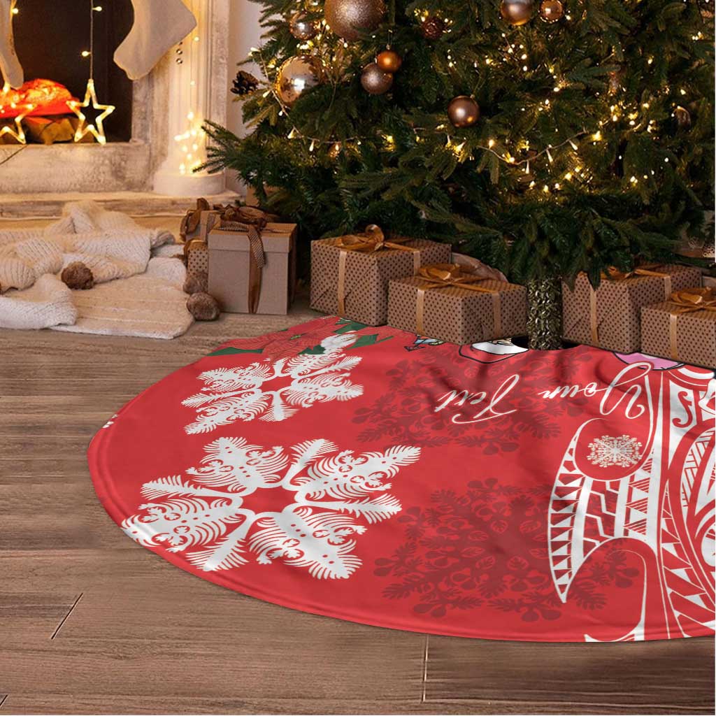 Personalized Hawaii Christmas Tree Skirt Mele Kalikimaka Chilling Shaka Santa Flamingo - Polynesian Pride