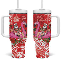 Personalized Hawaii Christmas Tumbler With Handle Mele Kalikimaka Chilling Shaka Santa Flamingo - Polynesian Pride