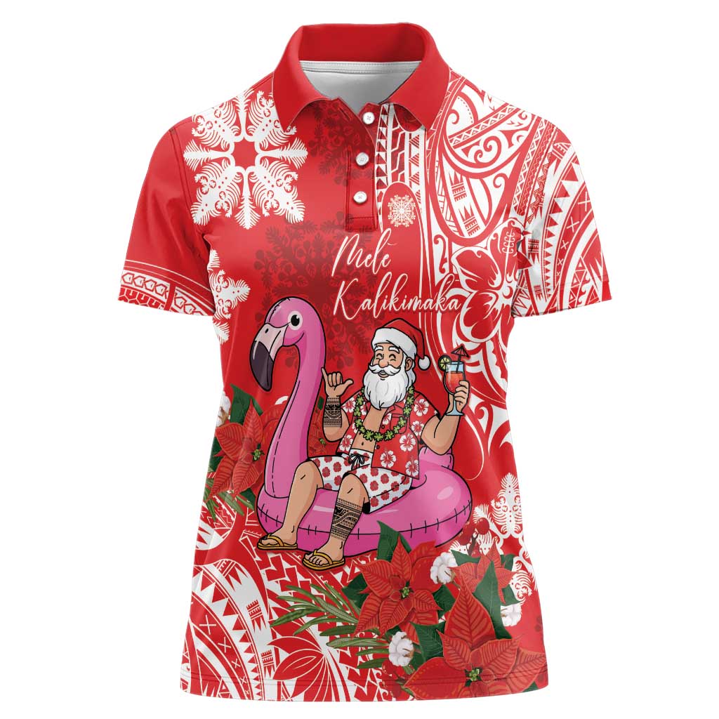 Personalized Hawaii Christmas Women Polo Shirt Mele Kalikimaka Chilling Shaka Santa Flamingo - Polynesian Pride