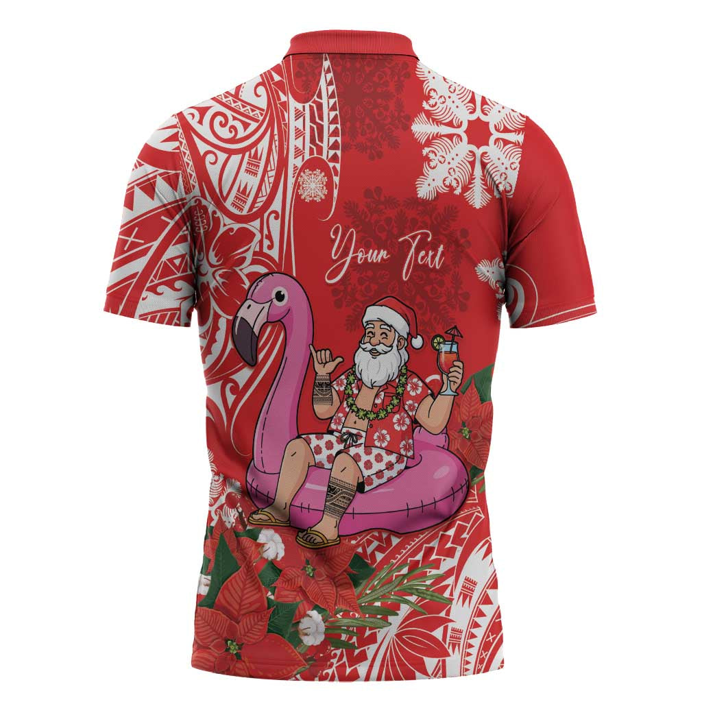 Personalized Hawaii Christmas Zipper Polo Shirt Mele Kalikimaka Chilling Shaka Santa Flamingo - Polynesian Pride