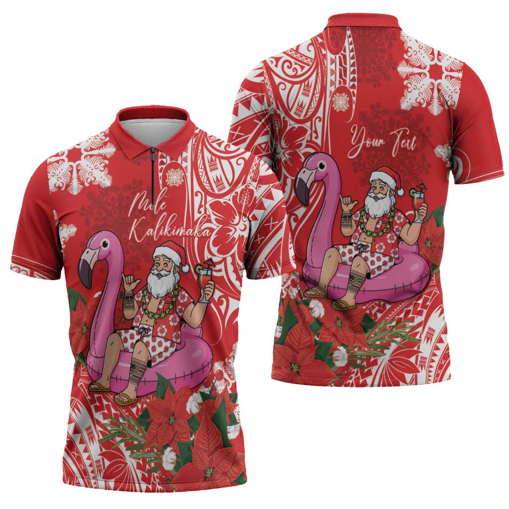 Personalized Hawaii Christmas Zipper Polo Shirt Mele Kalikimaka Chilling Shaka Santa Flamingo - Polynesian Pride