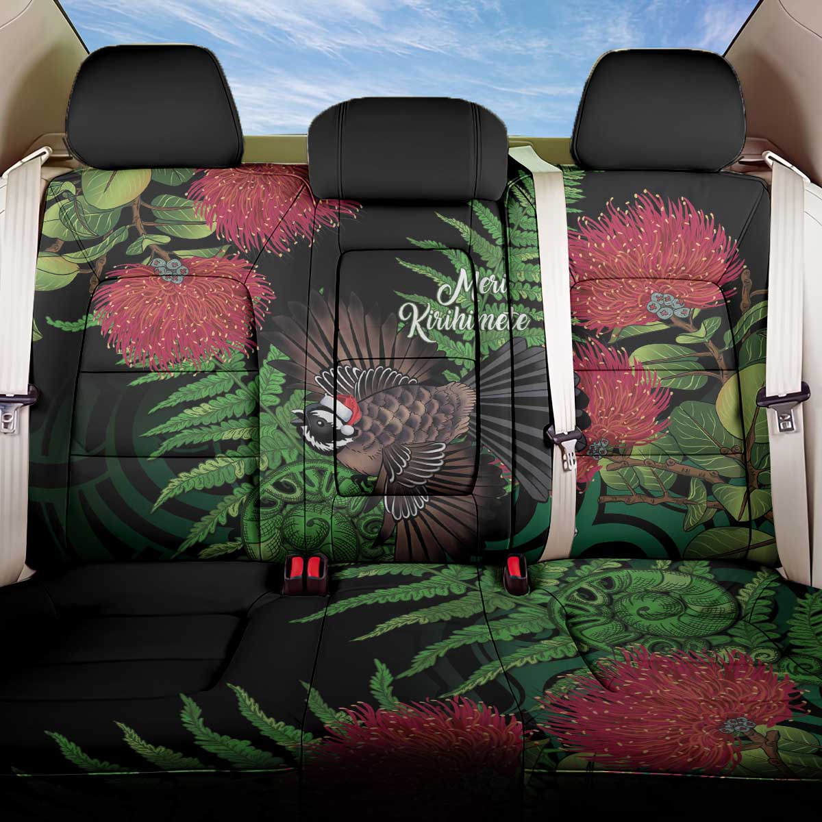 Meri Kirihimete New Zealand Back Car Seat Cover Piwakawaka Koru Fern Mix Pohutukawa - Polynesian Pride