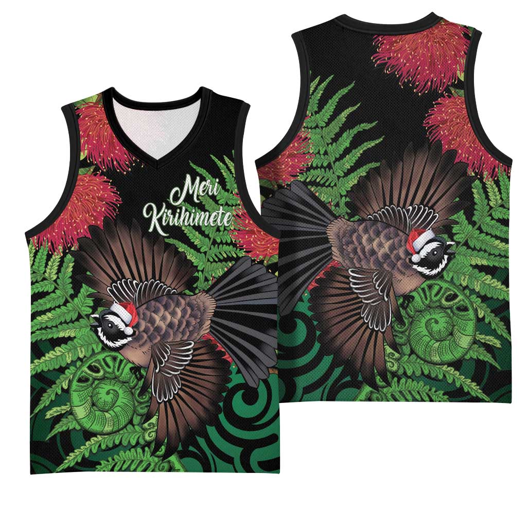 Meri Kirihimete New Zealand Basketball Jersey Piwakawaka Koru Fern Mix Pohutukawa - Polynesian Pride