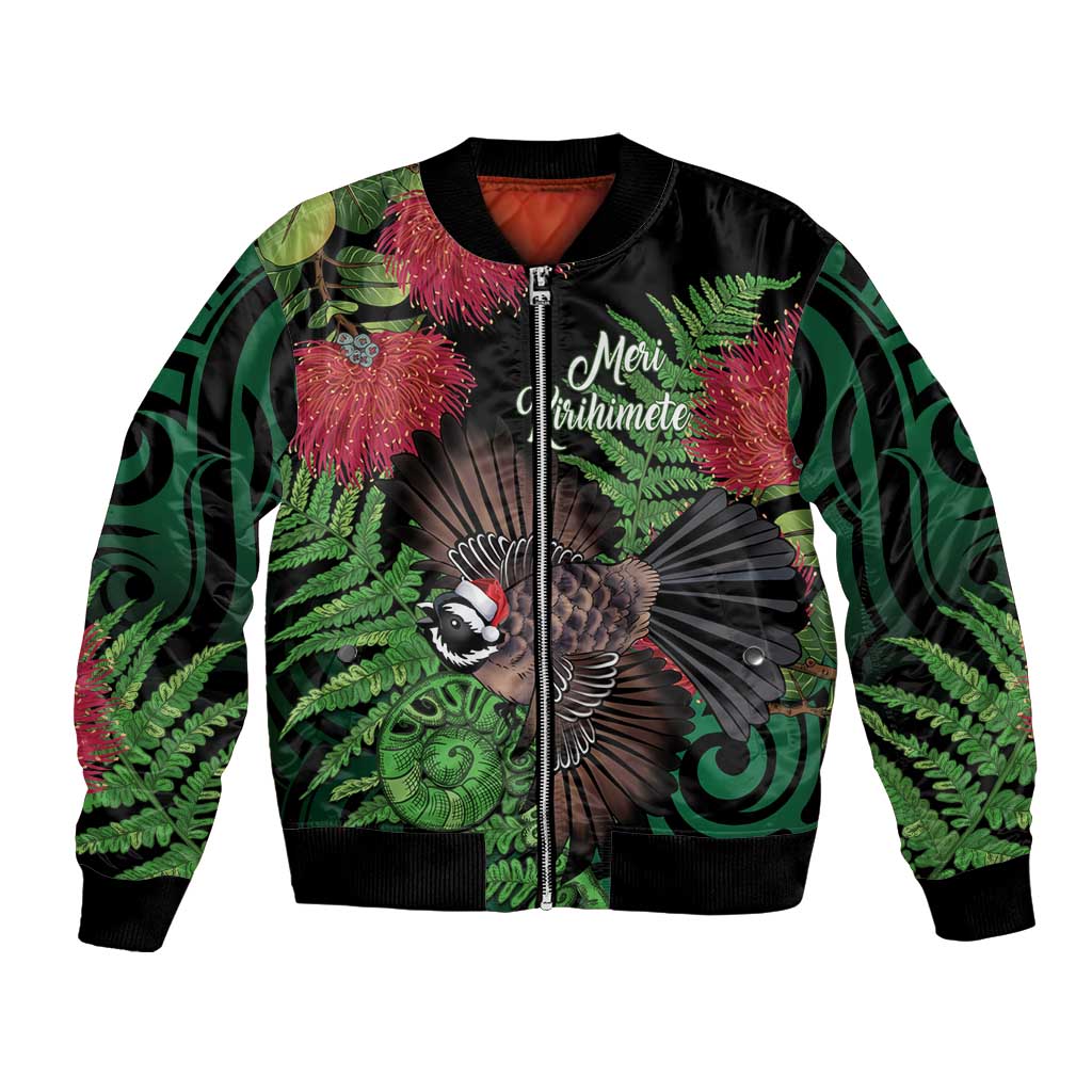 Meri Kirihimete New Zealand Bomber Jacket Piwakawaka Koru Fern Mix Pohutukawa - Polynesian Pride