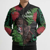 Meri Kirihimete New Zealand Bomber Puffer Jacket Piwakawaka Koru Fern Mix Pohutukawa - Polynesian Pride