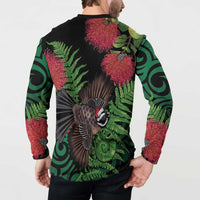 Meri Kirihimete New Zealand Button Sweatshirt Piwakawaka Koru Fern Mix Pohutukawa - Polynesian Pride