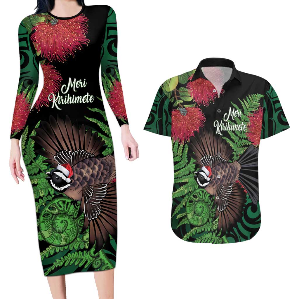 Meri Kirihimete New Zealand Couples Matching Long Sleeve Bodycon Dress and Hawaiian Shirt Piwakawaka Koru Fern Mix Pohutukawa - Polynesian Pride