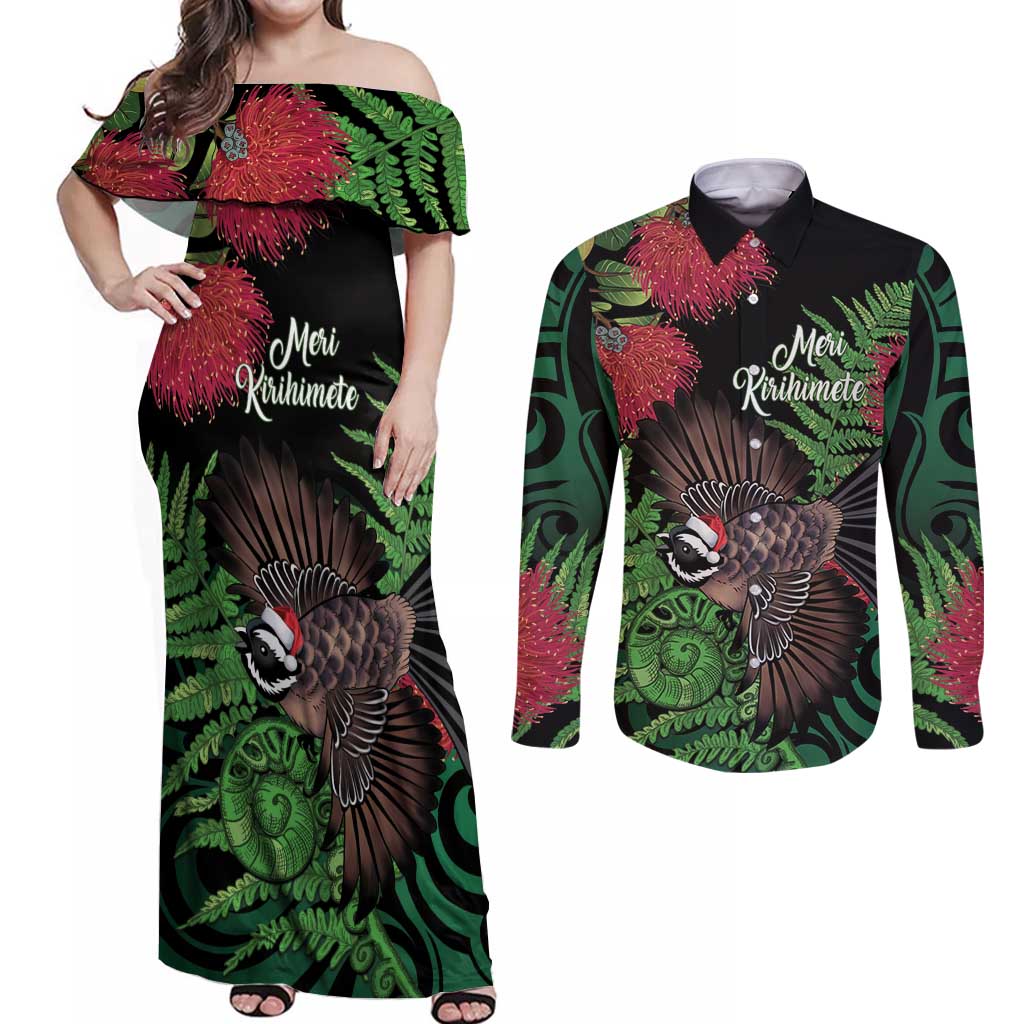 Meri Kirihimete New Zealand Couples Matching Off Shoulder Maxi Dress and Long Sleeve Button Shirt Piwakawaka Koru Fern Mix Pohutukawa - Polynesian Pride
