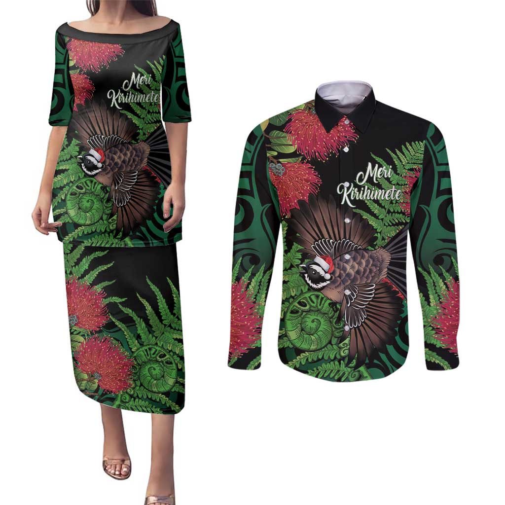 Meri Kirihimete New Zealand Couples Matching Puletasi and Long Sleeve Button Shirt Piwakawaka Koru Fern Mix Pohutukawa - Polynesian Pride