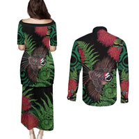 Meri Kirihimete New Zealand Couples Matching Puletasi and Long Sleeve Button Shirt Piwakawaka Koru Fern Mix Pohutukawa - Polynesian Pride