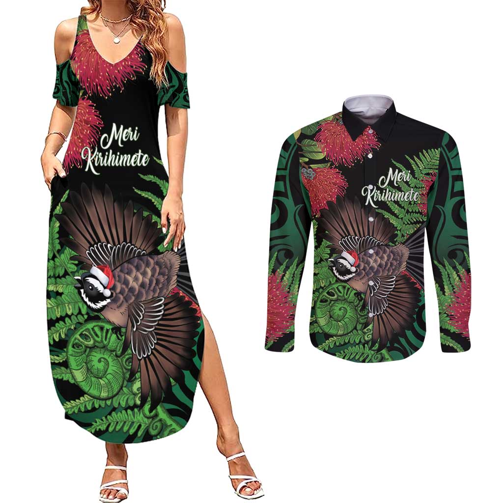 Meri Kirihimete New Zealand Couples Matching Summer Maxi Dress and Long Sleeve Button Shirt Piwakawaka Koru Fern Mix Pohutukawa - Polynesian Pride