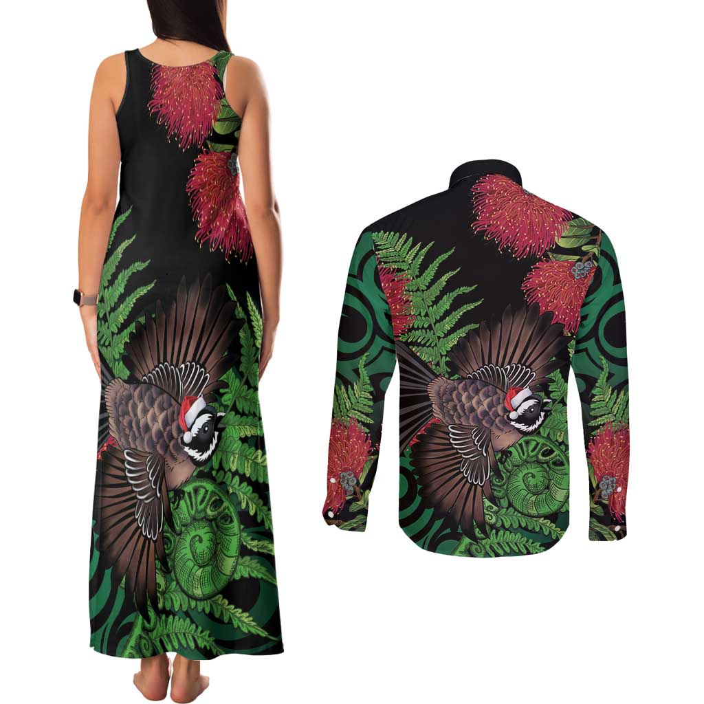 Meri Kirihimete New Zealand Couples Matching Tank Maxi Dress and Long Sleeve Button Shirt Piwakawaka Koru Fern Mix Pohutukawa - Polynesian Pride