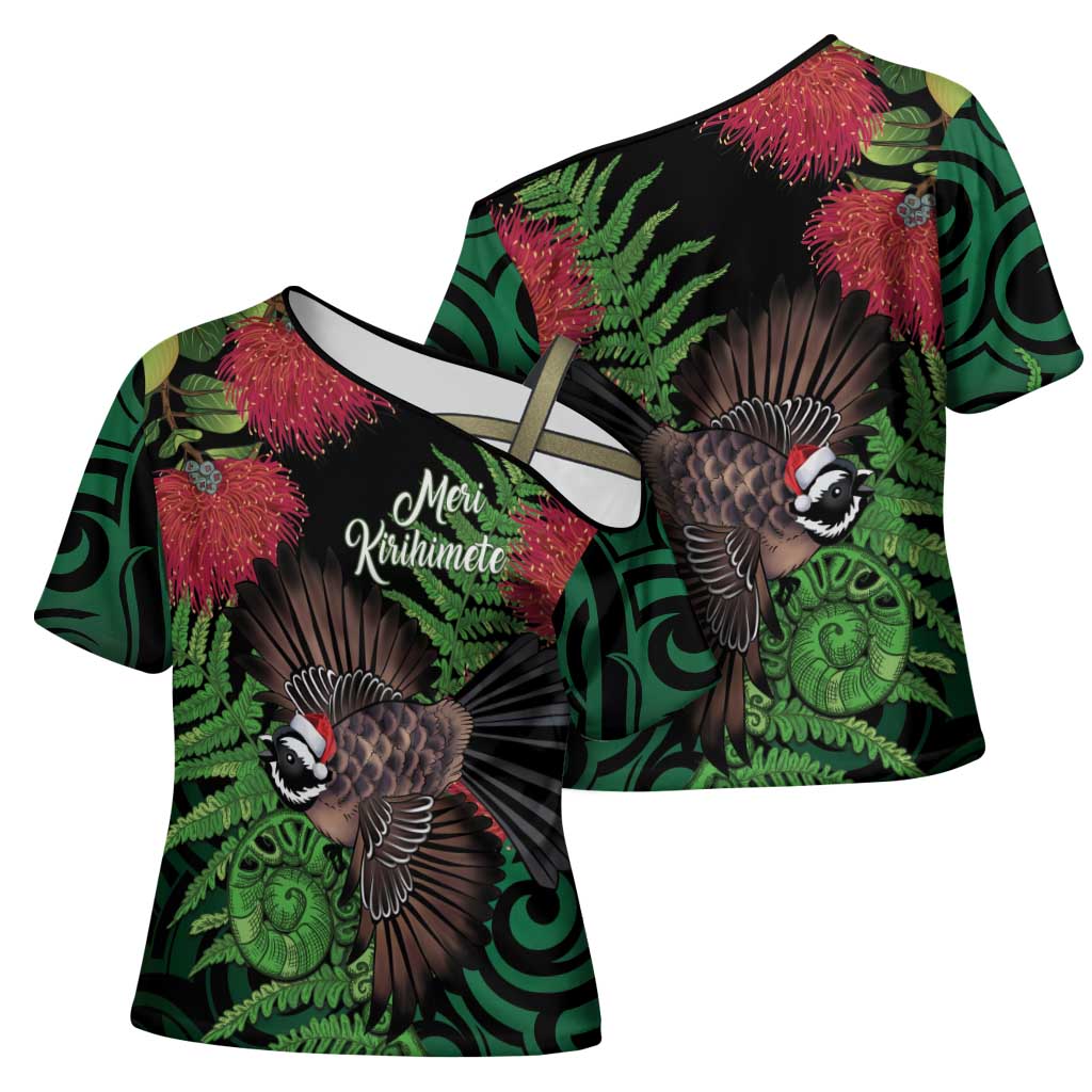Meri Kirihimete New Zealand Cross Shoulder Shirt Piwakawaka Koru Fern Mix Pohutukawa - Polynesian Pride
