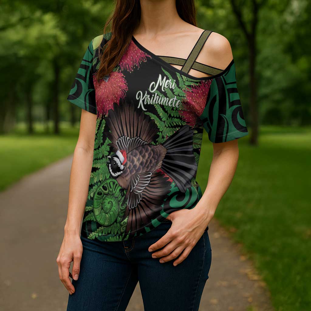 Meri Kirihimete New Zealand Cross Shoulder Shirt Piwakawaka Koru Fern Mix Pohutukawa - Polynesian Pride